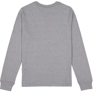 A grey long sleeve t-shirt with a round neck and logo detailing on the back.