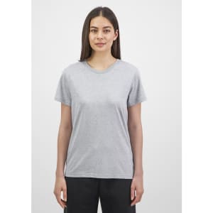 A short sleeve tee in grey, featuring a simple design and a standard fit. It has a logo on it.