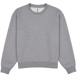 A grey women's crew sweatshirt with a relaxed fit and ribbed cuffs, featuring a logo.