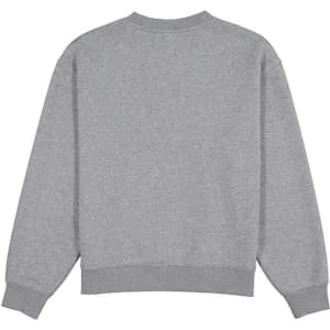 A grey women's crew sweatshirt with a relaxed fit and ribbed cuffs. The back is plain and features a logo.