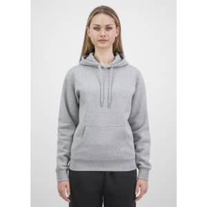 A grey women's hoodie featuring a front pocket and a drawstring hood, displayed on a model.