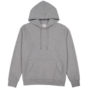 A grey women's hoodie featuring a kangaroo pocket and a drawstring hood, with branding present.