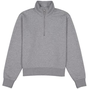 A grey women's jumper featuring a 1/4 zip and long sleeves, with a branded logo.