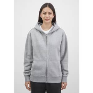 A grey women's zip hoodie with a front zipper and hood, featuring a subtle logo.