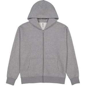 A grey zip hoodie featuring a hood and front pockets, with branding on the label.