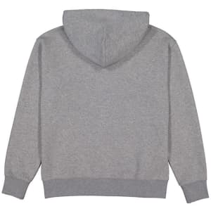 A grey women's zip hoodie featuring a hood and ribbed cuffs, with a logo on the back.