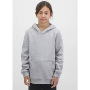 A grey hoodie with a front pocket and a hood, worn by a young girl on a plain background.