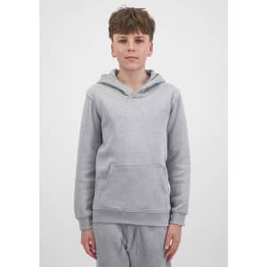 A grey youth hoodie with a front pocket and a hood, worn by a young model. The garment has a simple, casual design.