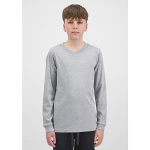 A long sleeve tee in light grey, featuring a simple design and a logo on the front.