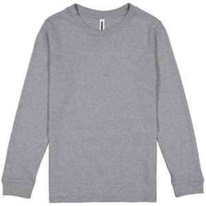 A grey long sleeve t-shirt with a round neckline and no visible design, featuring a brand logo on the label.