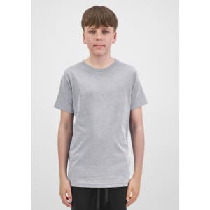 A youth short sleeve tee in grey, displayed on a young model standing straight, with a plain background.