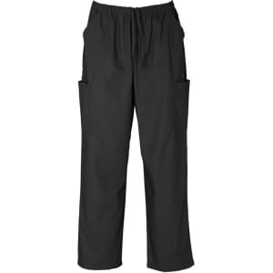A pair of black unisex scrub cargo pants with an elastic waistband and side pockets.