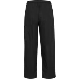 Black unisex scrub cargo pants featuring an elastic waistband and side pockets. The design is simple and functional.