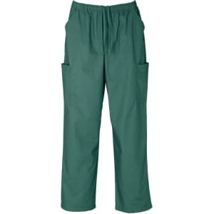 Green unisex scrub cargo pants featuring an elastic waistband and multiple pockets. Includes a logo on the garment.