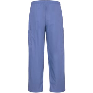 Blue unisex scrub cargo pants featuring a relaxed fit and multiple side pockets. Includes an elastic waistband and a logo.