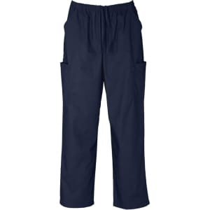 Unisex scrub cargo pants in navy, featuring an elastic waistband and multiple side pockets. Includes branding.