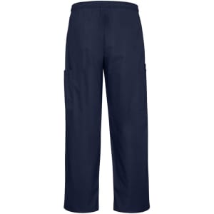 Navy blue unisex scrub cargo pants with side pockets and an elastic waistband. Features branding logo.
