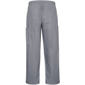 Classic unisex scrub cargo pants in grey with two side pockets and an elastic waistband. Features a logo.