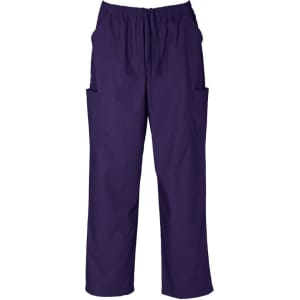 A pair of classic unisex scrub cargo pants in dark purple with an elastic waistband and side pockets.