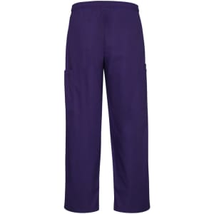 Unisex cargo pants in a deep purple colour, featuring side pockets and an elastic waistband.