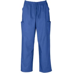 Classic unisex scrub cargo pants in a vibrant blue colour, featuring an elastic waistband and multiple side pockets.