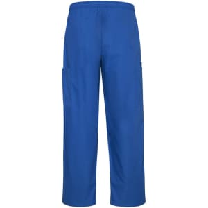 Blue unisex scrub cargo pants with an elastic waistband and side pockets. Features a logo on the waistband.