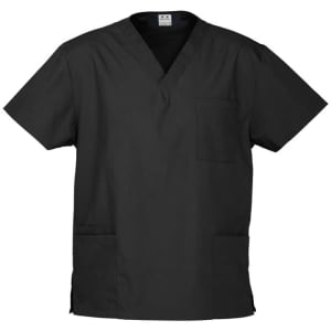 A black unisex scrub top featuring a V-neck design and two front pockets. Includes a logo on the neck label.