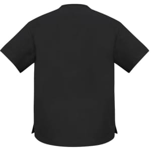 A black unisex scrub top featuring short sleeves and a relaxed fit, with a simple design and a logo.