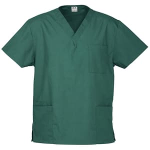 A green unisex scrub top with a v-neck, short sleeves, and a chest pocket, featuring two side pockets and a logo.