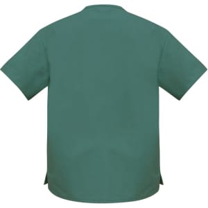 A green unisex scrub top with short sleeves and side slits, featuring a logo.