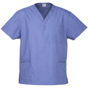 A classic unisex scrub top in a light blue colour with short sleeves and a pocket. It features a logo on the label.