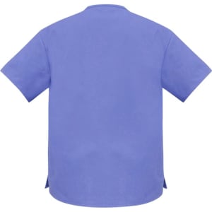 A unisex scrub top in a solid shade of blue, featuring short sleeves and a rounded neckline.