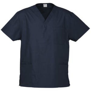 A classic unisex scrub top in navy blue featuring a pocket and side slits, designed for comfort and functionality.