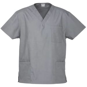 A grey unisex scrub top with a v-neck design and multiple pockets. It features a logo on the label.
