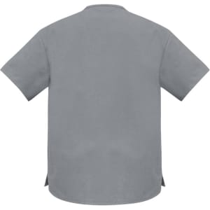 A grey unisex scrub top with short sleeves and a straight cut, featuring side slits and a logo.