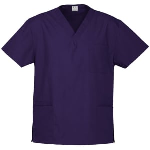 A navy blue unisex scrub top featuring a V-neck, short sleeves, and a front pocket, with side slits for comfort.