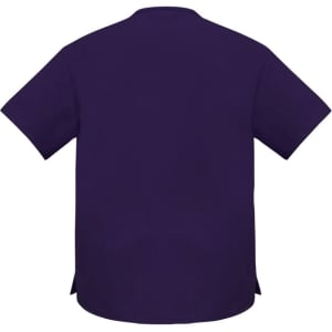 A purple unisex scrub top with short sleeves and a rounded neckline, featuring a logo.