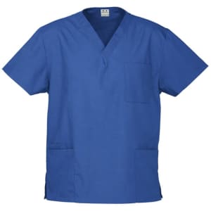 A blue unisex scrub top featuring a V-neck design and pockets, with a logo on the label.