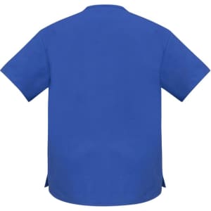 A blue unisex scrub top with short sleeves and a relaxed fit, featuring branding on the back.