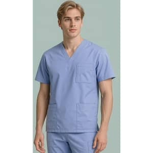 A light blue unisex scrub top with a V-neck, featuring two front pockets and a logo.
