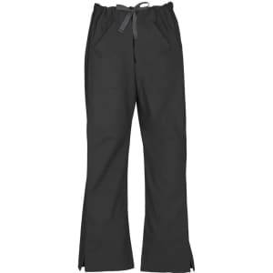 A pair of black bootleg scrub pants with an elastic waistband and side pockets. Features a logo on the waistband.