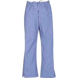 Light blue bootleg scrub pants featuring a drawstring waist and side pockets, with a logo on the garment.