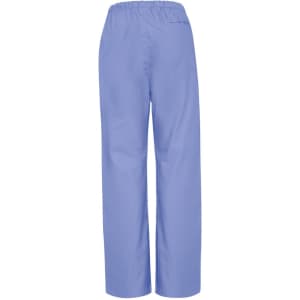 A pair of women's bootleg scrub pants in light blue, featuring an elastic waistband and a back pocket.