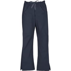 Classic women's bootleg scrub pants in navy blue with a drawstring waist and side slits. Features pockets and has branding.