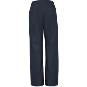 Classic women's bootleg scrub pants in navy blue, featuring an elastic waistband and a logo on the back.