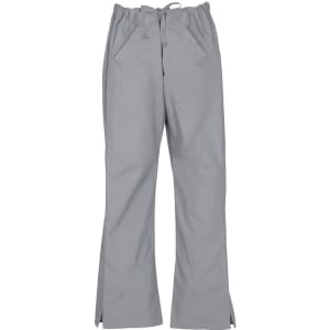 A pair of light grey bootleg scrub pants with a drawstring waist and side pockets. Features a logo.