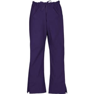 A pair of purple bootleg scrub pants with an elastic waistband and side pockets. The pants have a logo.