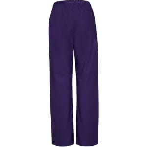 A pair of purple bootleg scrub pants with an elastic waistband and a back pocket. Brand logo is visible.