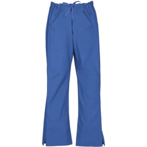 Classic women's bootleg scrub pant in a vibrant blue colour, featuring an elastic waistband and side pockets.