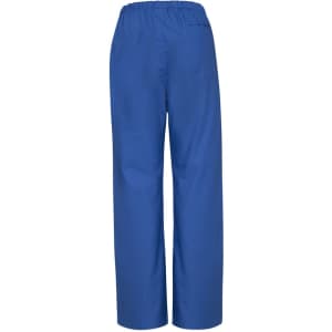 A pair of blue bootleg scrub pants featuring an elastic waistband and a back pocket.